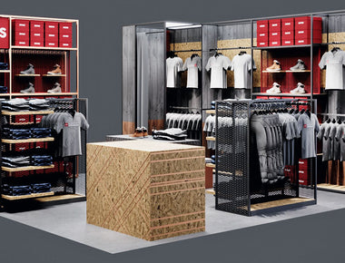 Mit einer Pop-Up-Serie in BAUHAUS Fachcentren sind e.s.-Produkte im STRAUSS- externen Einzelhandel erhältlich. Hier ist das Modell eines derartigen Shops zu sehen - bereits mit Kleidung auf den Regalen und Ständern.
