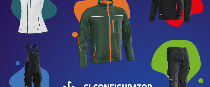 Zu sehen ist der CI Configurator MyMotion im STRAUSS-Onlineshop mit den Basis- und den Kontrastfarben – als Beispiel eine Hose und eine Jacke sowie Shirts.