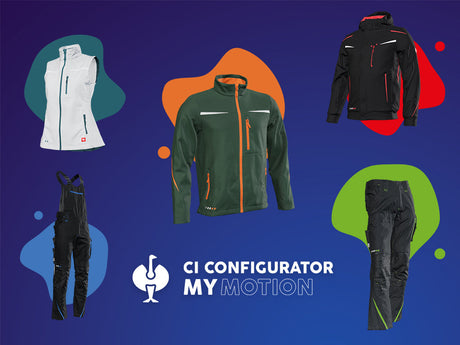 Zu sehen ist der CI Configurator MyMotion im STRAUSS-Onlineshop mit den Basis- und den Kontrastfarben – als Beispiel eine Hose und eine Jacke sowie Shirts.