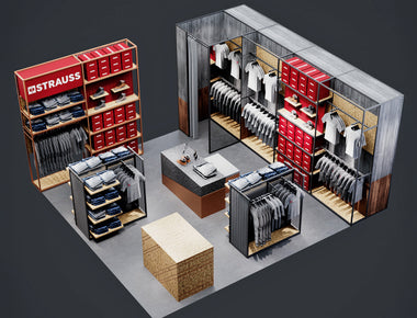 Aus der Vogelperspektive zu sehen: Mit einer Pop-Up-Serie in BAUHAUS Fachcentren sind e.s.-Produkte im STRAUSS- externen Einzelhandel erhältlich. Hier ist das Modell eines derartigen Shops zu sehen - bereits mit Kleidung auf den Regalen und Ständern.