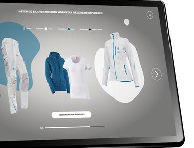 Screen mit gestalteter Workwear in weiß mit Kontrasten in der Farbe atoll