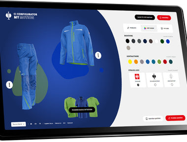 Zu sehen ist der CI Configurator MyMotion im STRAUSS-Onlineshop mit den Basis- und den Kontrastfarben – als Beispiel eine Hose und eine Jacke sowie Shirts.