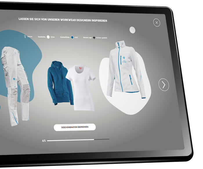 Bild vom CI Configurator MyMotion im STRAUSS-Onlineshop – mit Kleidungsstücken.