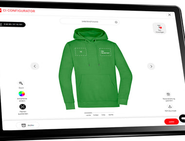 Zu sehen ist ein grüner Hoody und wie mit dem CI Configurator MY DESIGN das Produkt mit ein paar Klicks gestaltet werden kann. 
